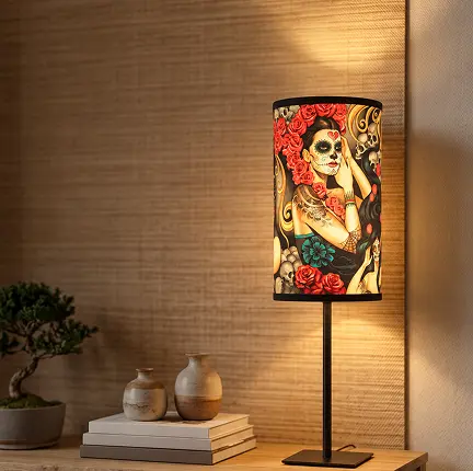 Lámpara artesanal MEXILUZ con estampado de catrina, de Sokhari