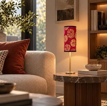 Lámpara artesanal SIRANA roja y dorada en un salón, de Sokhari